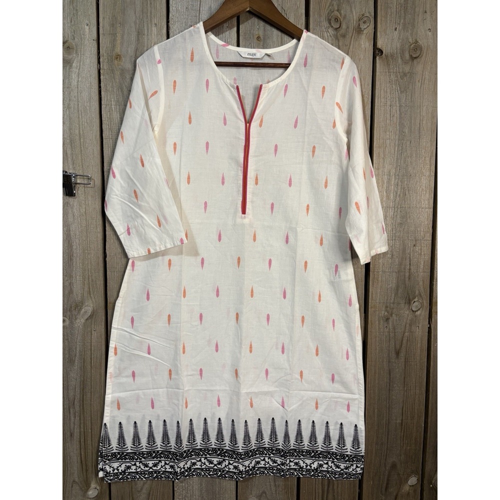 Max Dress Size L White Pink Orange Floral Print 100%‎ Cotton Boho Kurta
